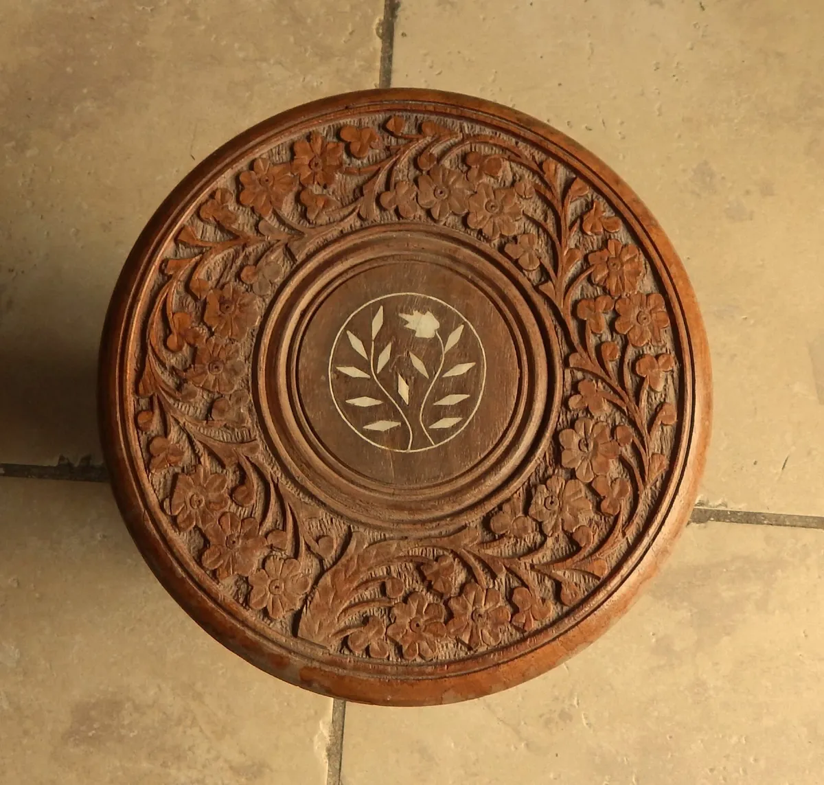 Vintage  Handmade Small Folding Carved Wood Table - Image 2