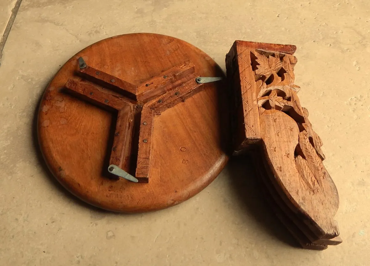 Vintage  Handmade Small Folding Carved Wood Table - Image 3
