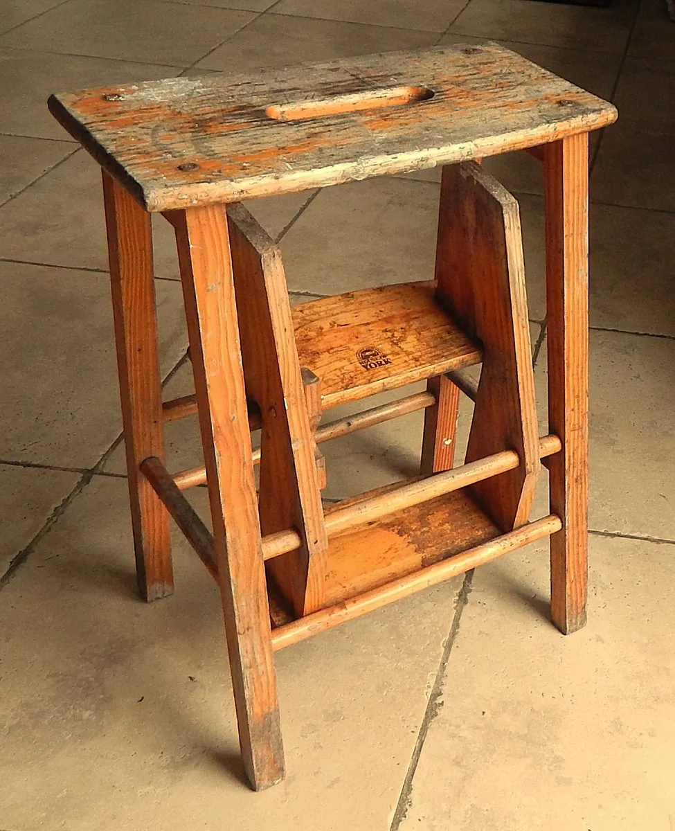 Vintage 3 Tier Rustic Kitchen Folding Step Stool - Image 2