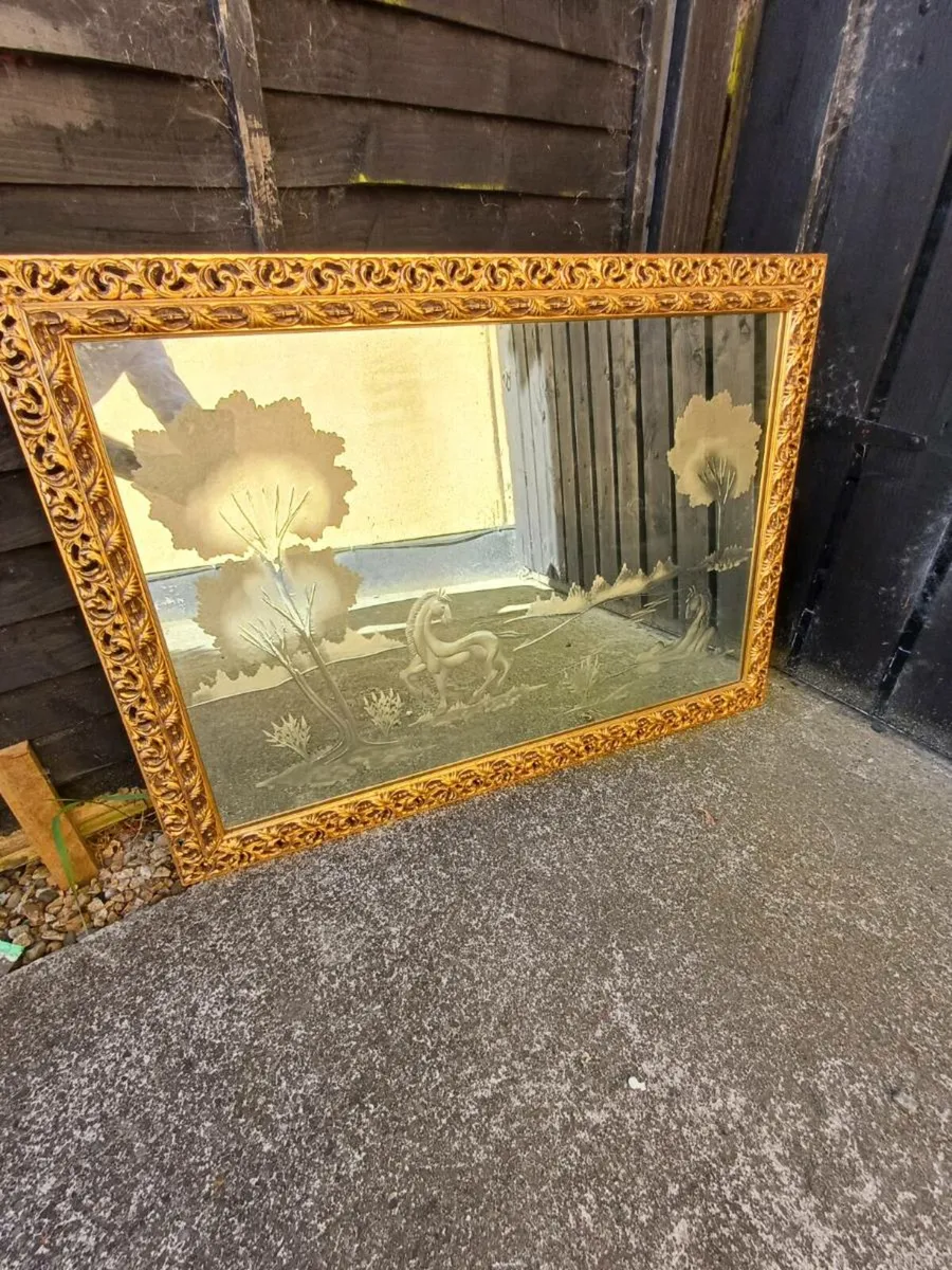1960/70s Engraved " Horses Grazing" Mirror - Image 1