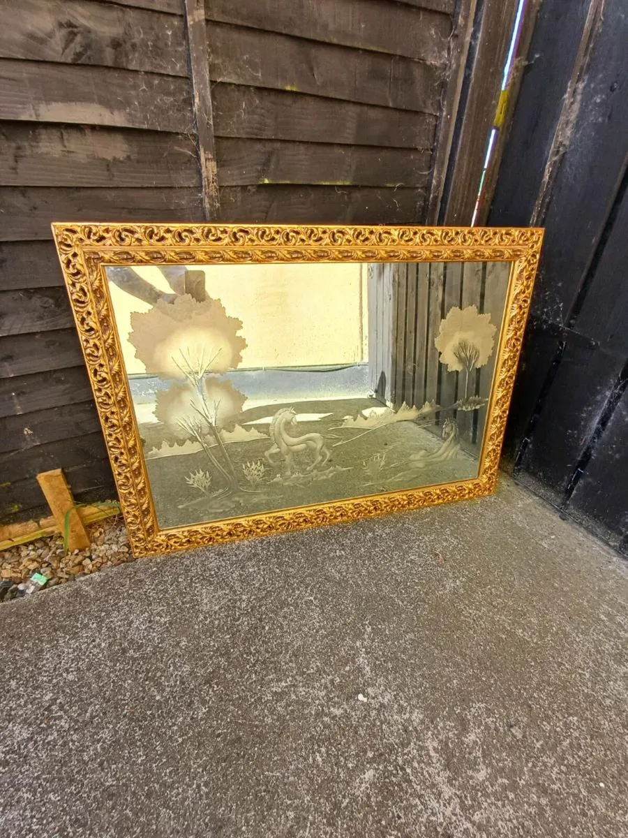 1960/70s Engraved " Horses Grazing" Mirror - Image 2