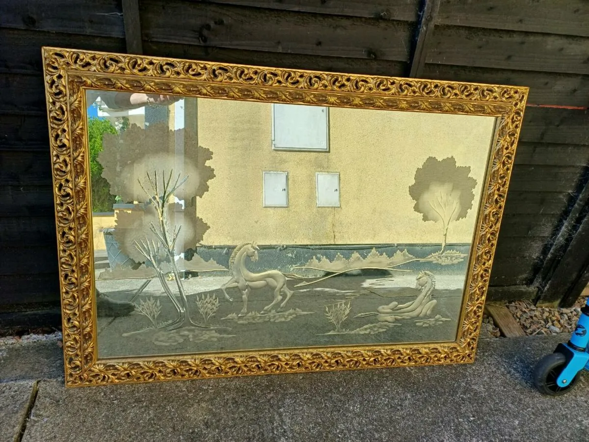 1960/70s Engraved " Horses Grazing" Mirror - Image 3