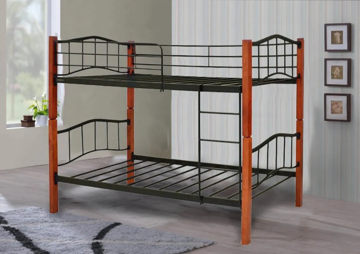 Modern Metal Frame Bunk Bed with Wooden Touch - Image 1