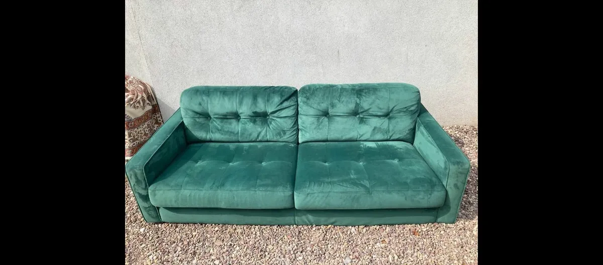 Beautiful Green Velvet Couch with Footstool - Image 3