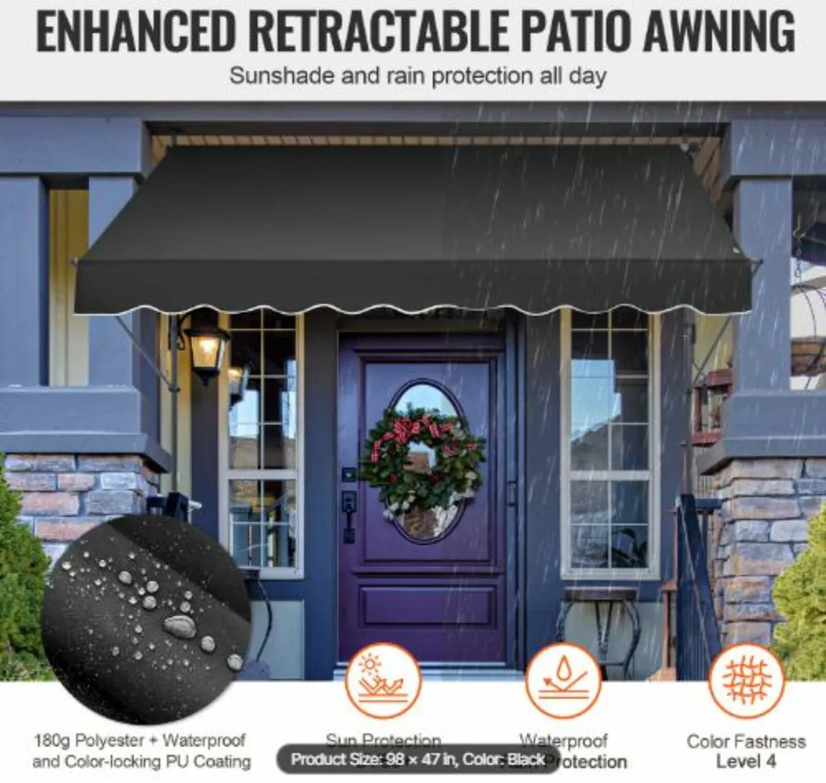 98x47" Patio Awning Retractable Awning Sunshade - Image 2