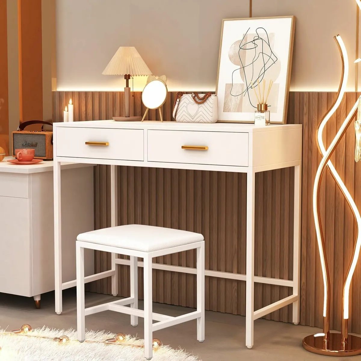 White Dressing Table Cushioned Stool Vanity Table - Image 4