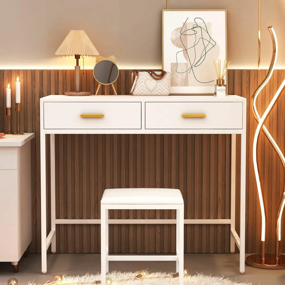 White Dressing Table Cushioned Stool Vanity Table - Image 1