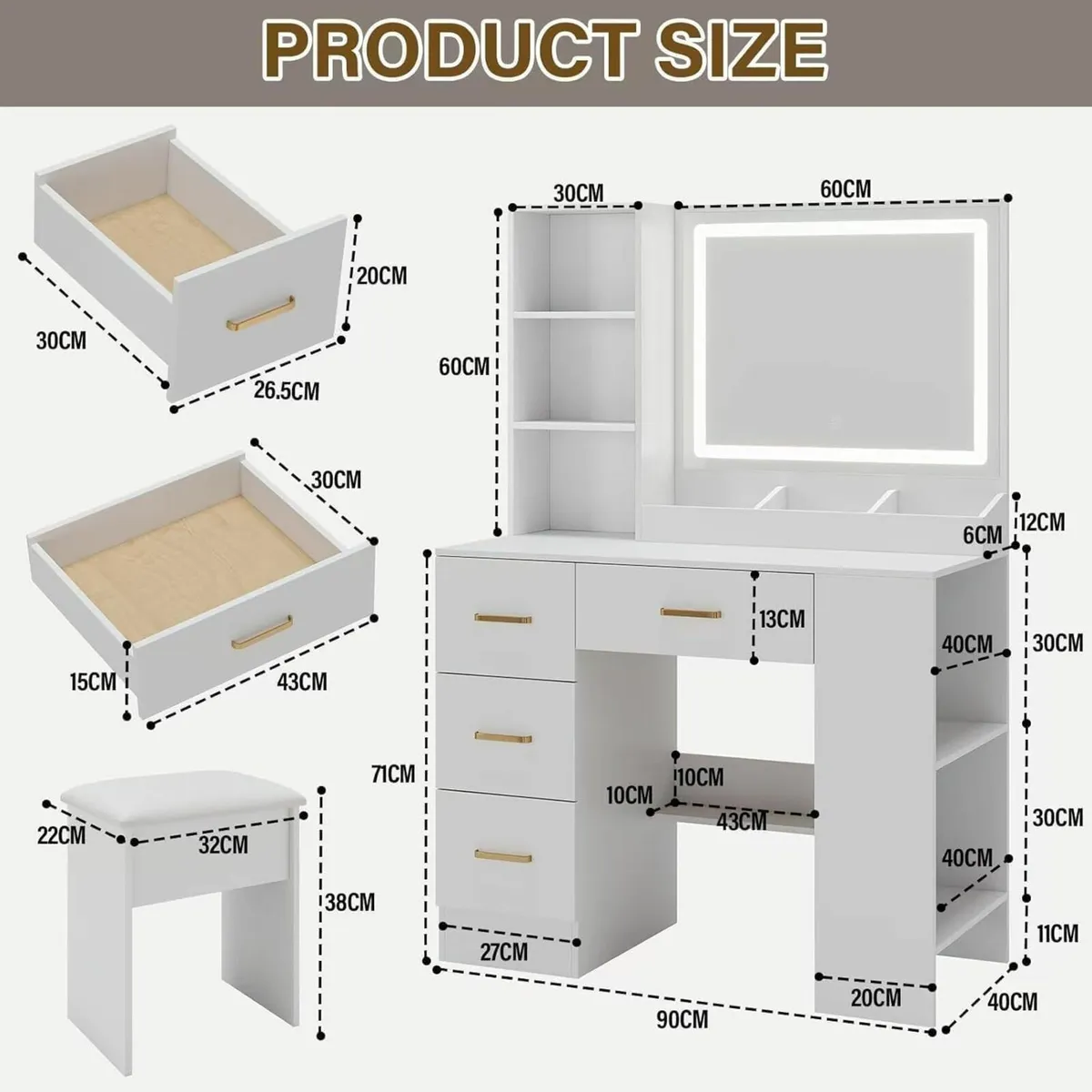 Dressing Table Mirror Stool LED Lights Vanity Desk - Image 3