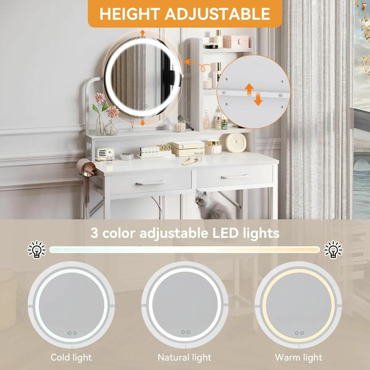 Dressing Table Set height-adjustable mirror LED - Image 3