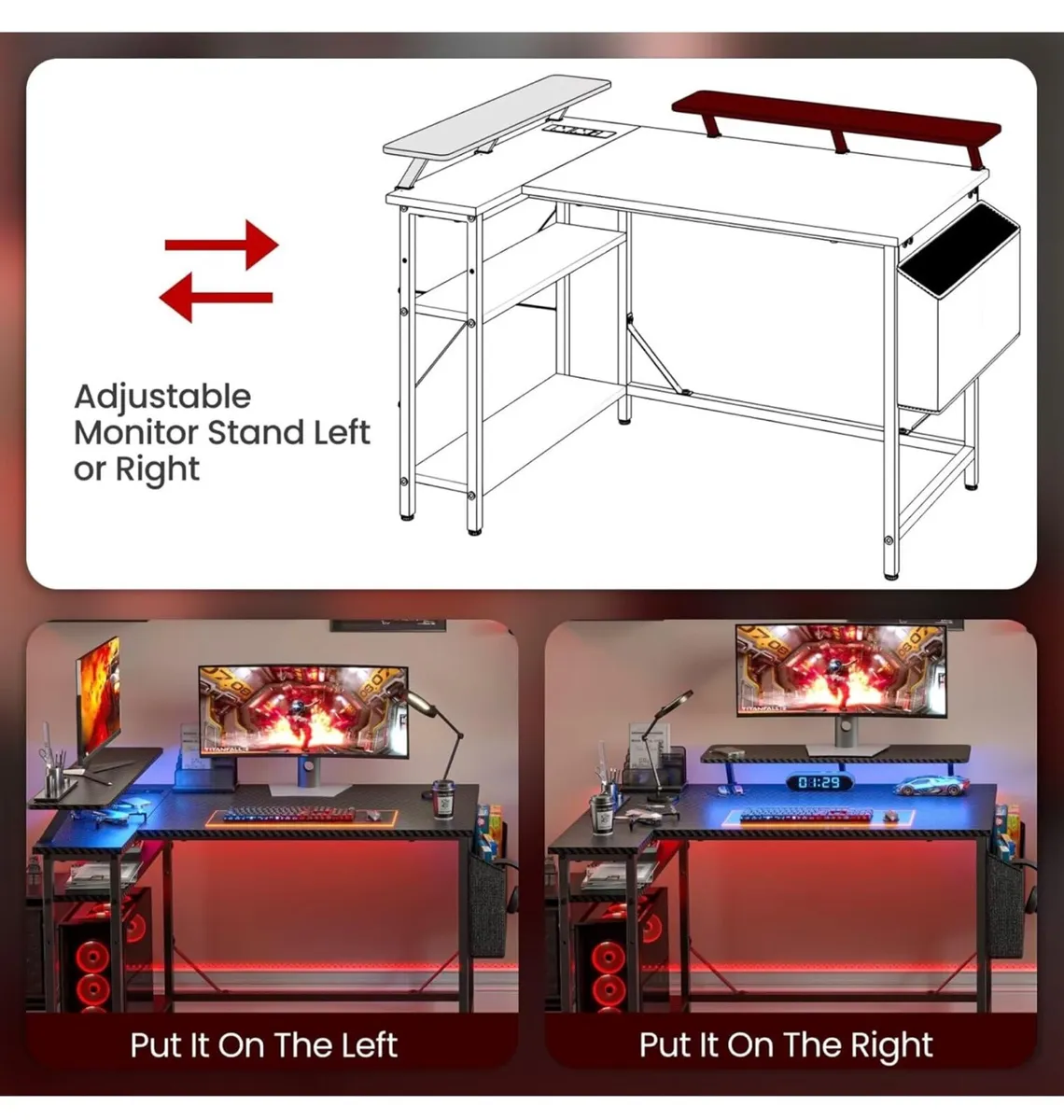 L Shaped Gaming Desk with LED Lights & Power Outle - Image 2