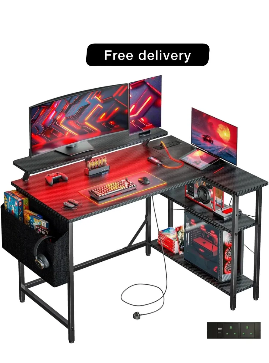 L Shaped Gaming Desk with LED Lights & Power Outle - Image 1