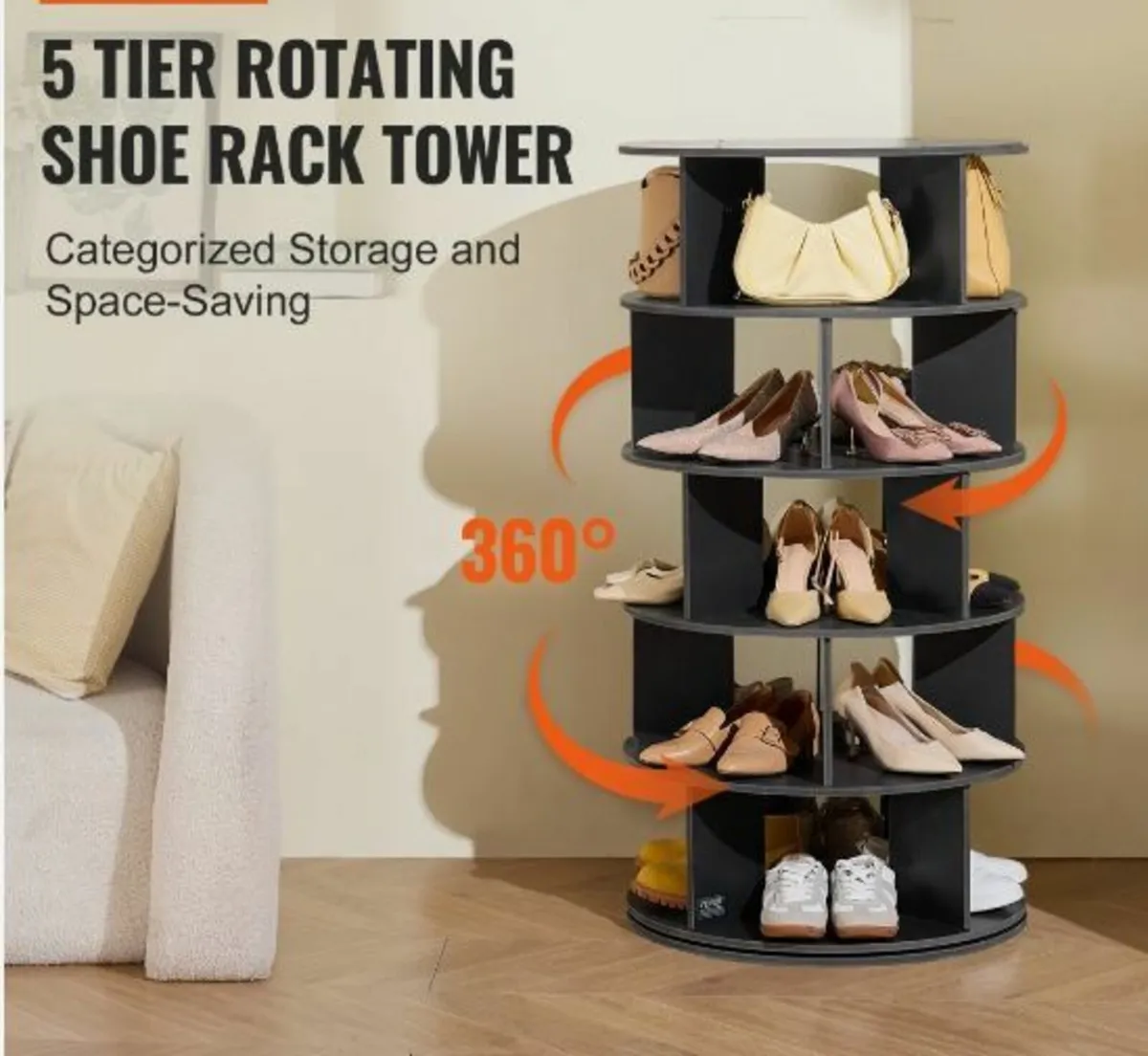 5-Tier Rotating Shoe Rack Tower 360° Spinning - Image 2