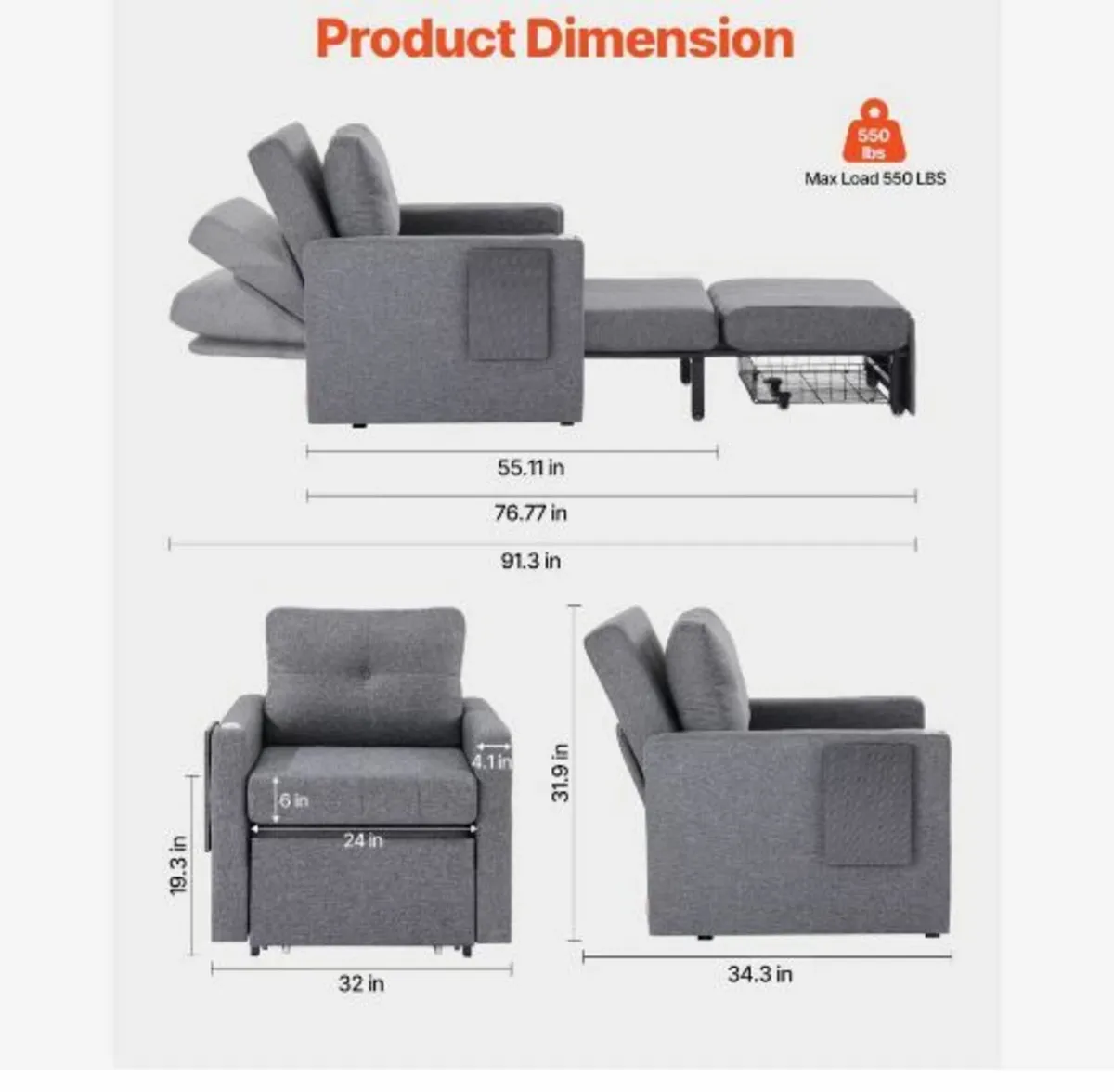 Sleeper Sofa Bed with Side Pocket Pillow - Image 2
