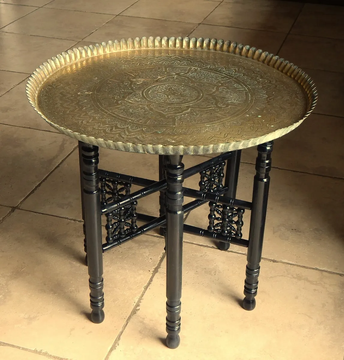 Vintage Middle Eastern Brass & Wood Tray Table - Image 1