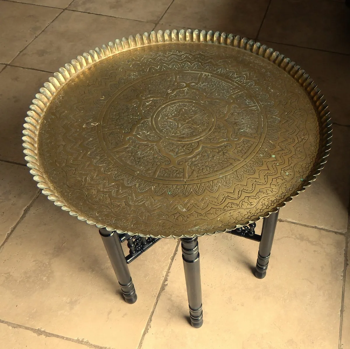 Vintage Middle Eastern Brass & Wood Tray Table - Image 2