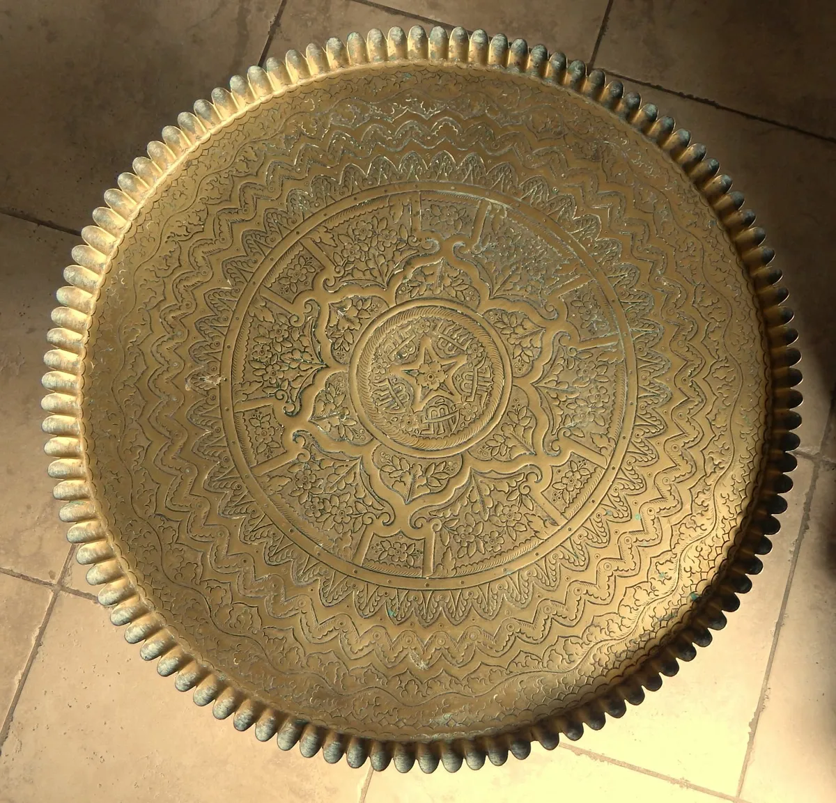 Vintage Middle Eastern Brass & Wood Tray Table - Image 3