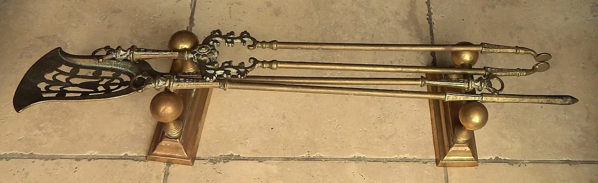 Set of Vintage Brass Fire Dogs & Irons - Image 1