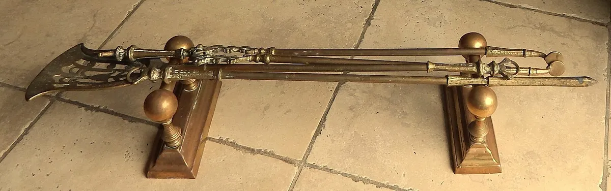 Set of Vintage Brass Fire Dogs & Irons - Image 2