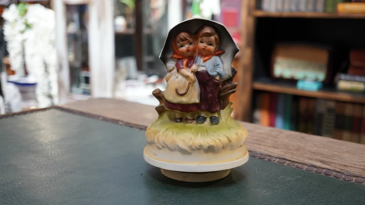 Vintage Musical Figurine - Children Under Umbrella - Image 1