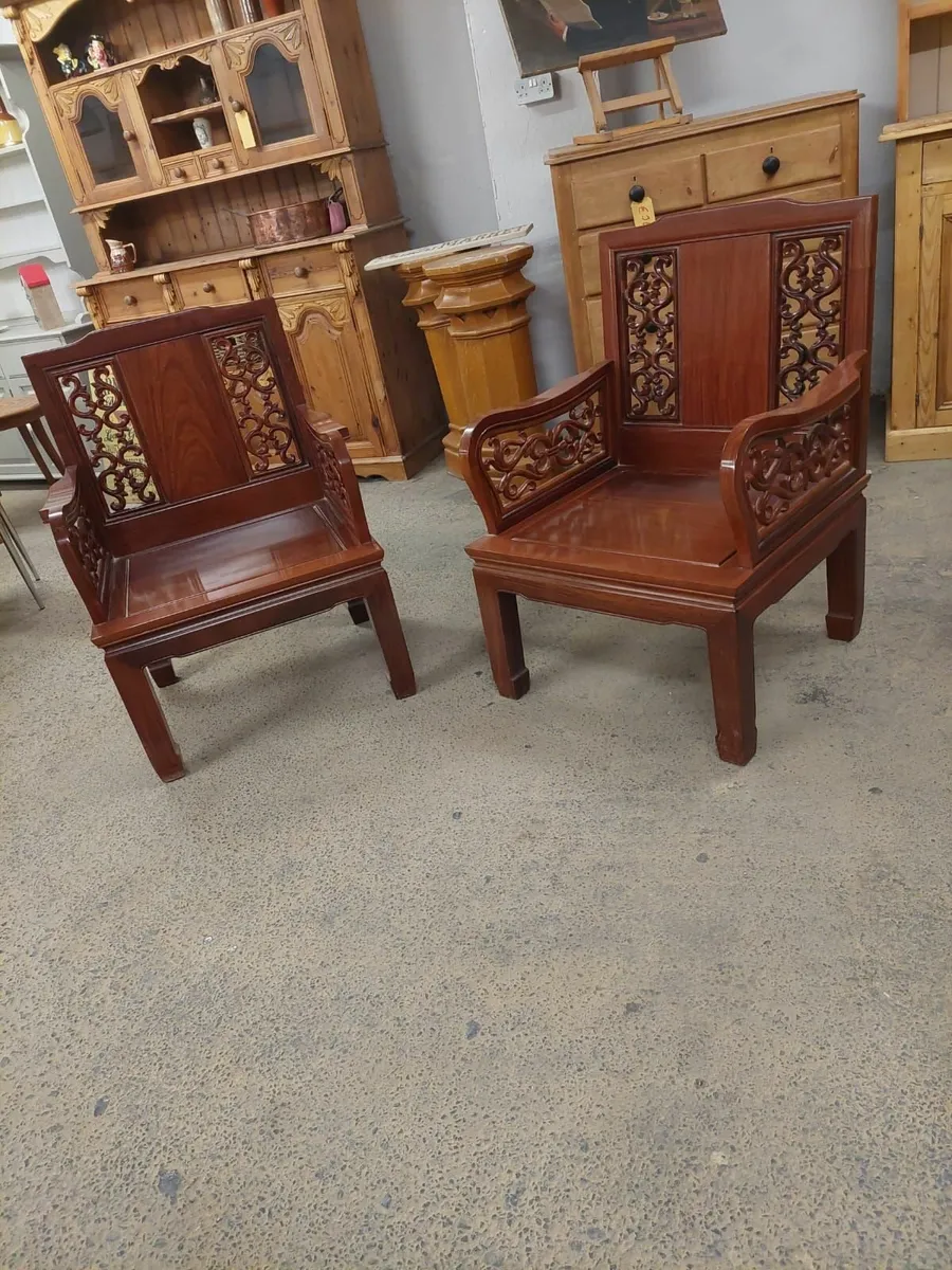 Pair vintage oak Chinese chairs - Image 1