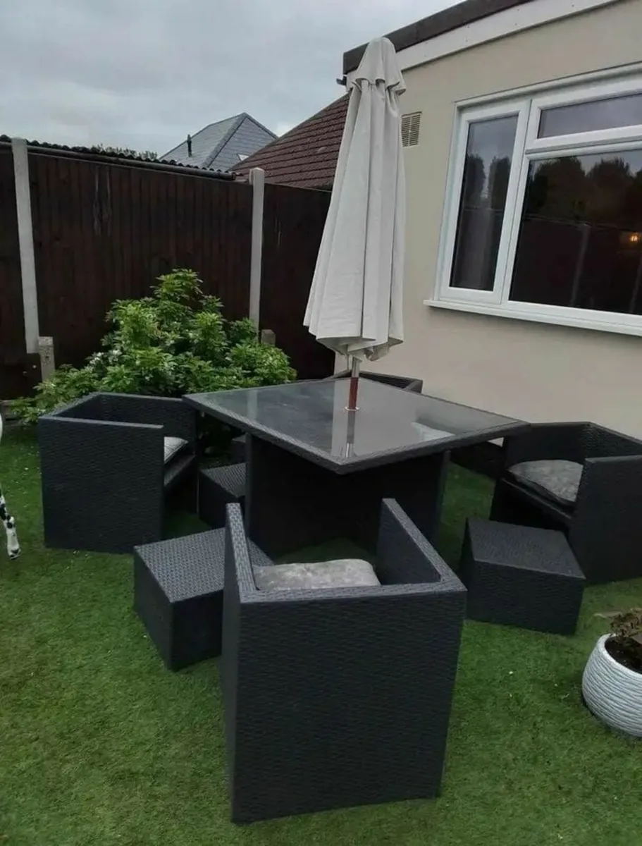 Black  wratten table, 4 chairs, 4 stools and paras - Image 2
