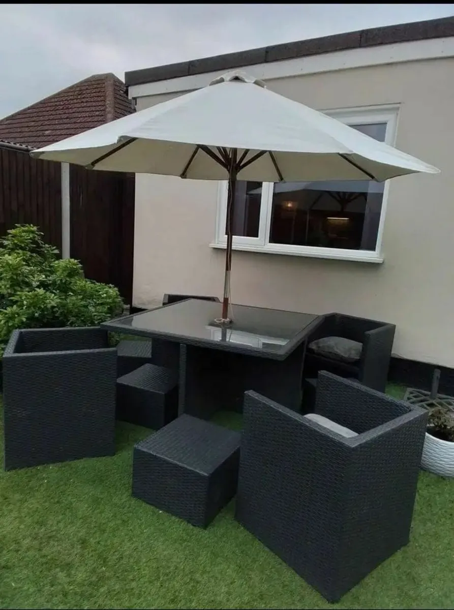 Black  wratten table, 4 chairs, 4 stools and paras - Image 3