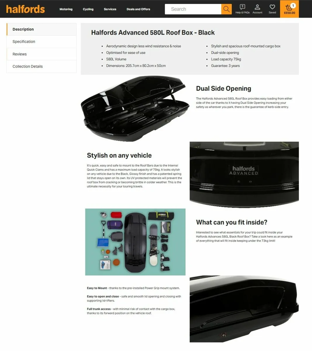 Halfords Advanced 580L Roof Box - Black - Image 2