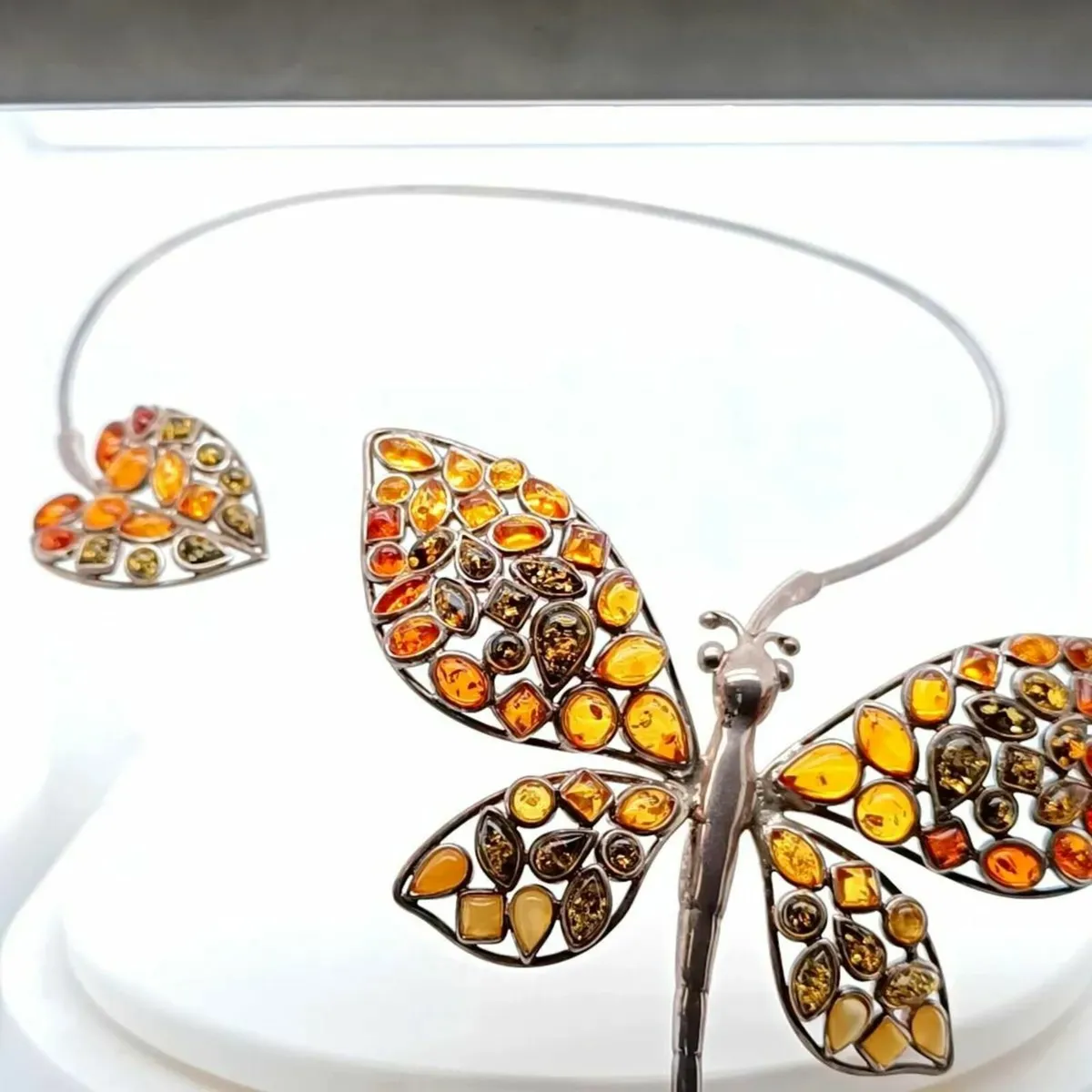 Natural Amber & Sterling Silver Butterfly Necklace - Image 2