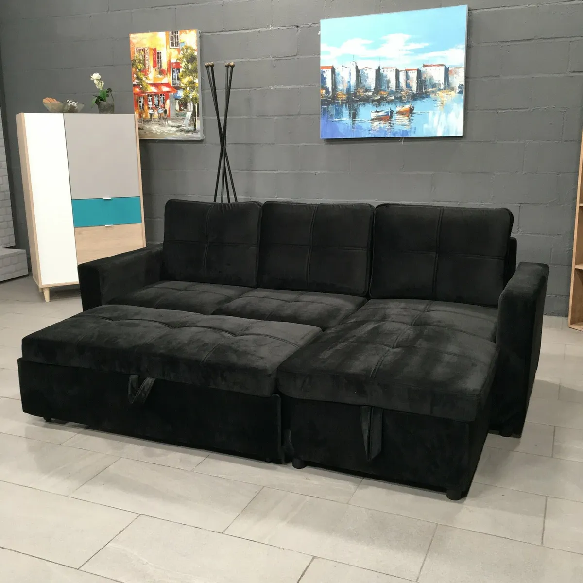 Black Corner Sofa Bed with Storage & Pull-Out Base - Image 4
