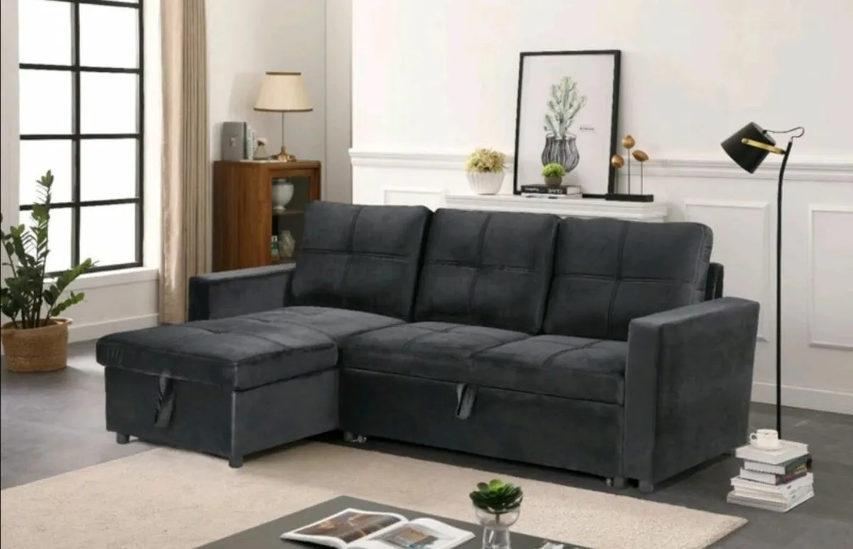 Black Corner Sofa Bed with Storage & Pull-Out Base - Image 1