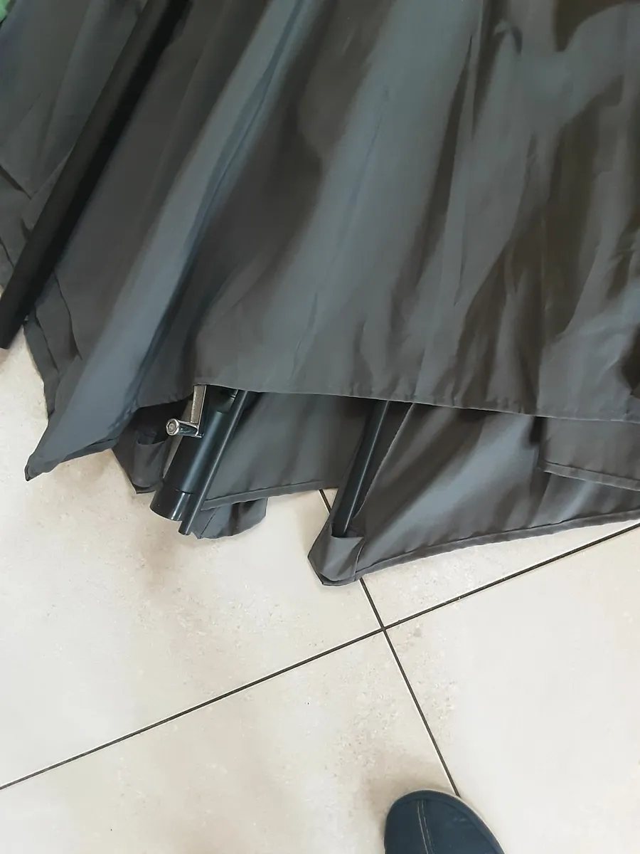 Large dark grey patio umbrella new ,stand and rain - Image 2