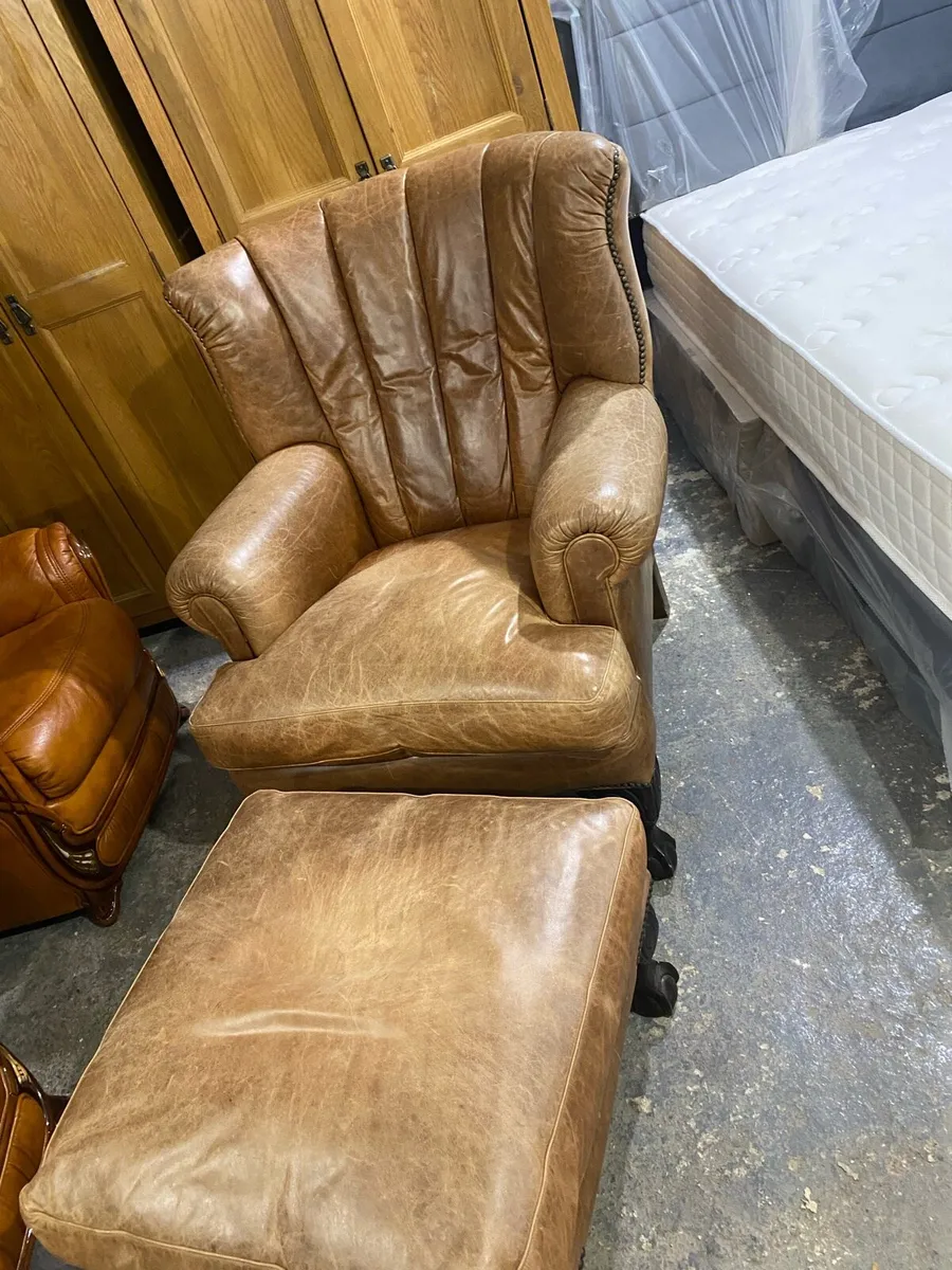 Stunning chesterfield wingback armchair and stool - Image 1