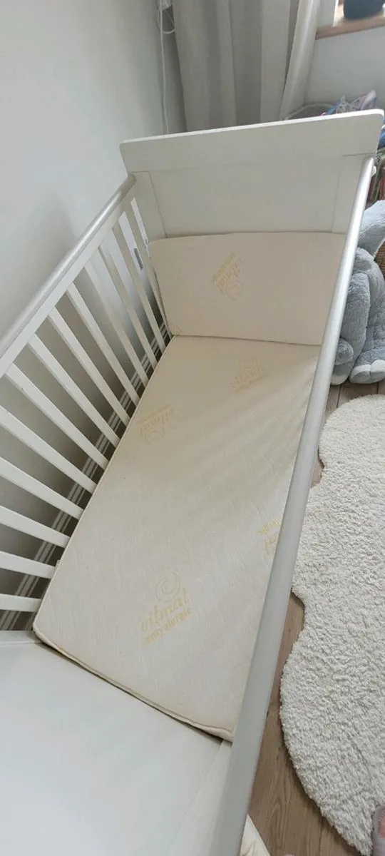 White baby cot with drawer and mattress. - Image 3