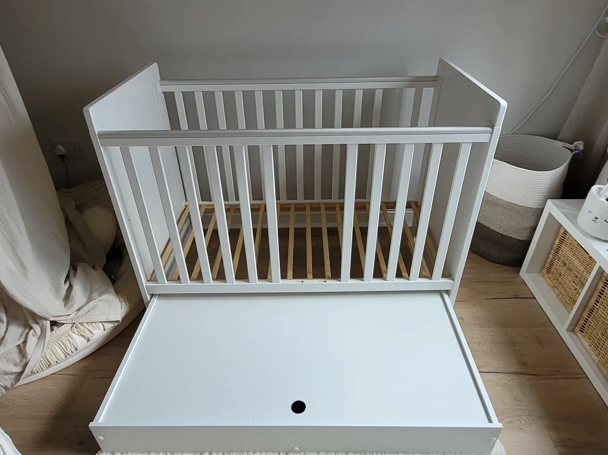 White baby cot with drawer and mattress. - Image 4
