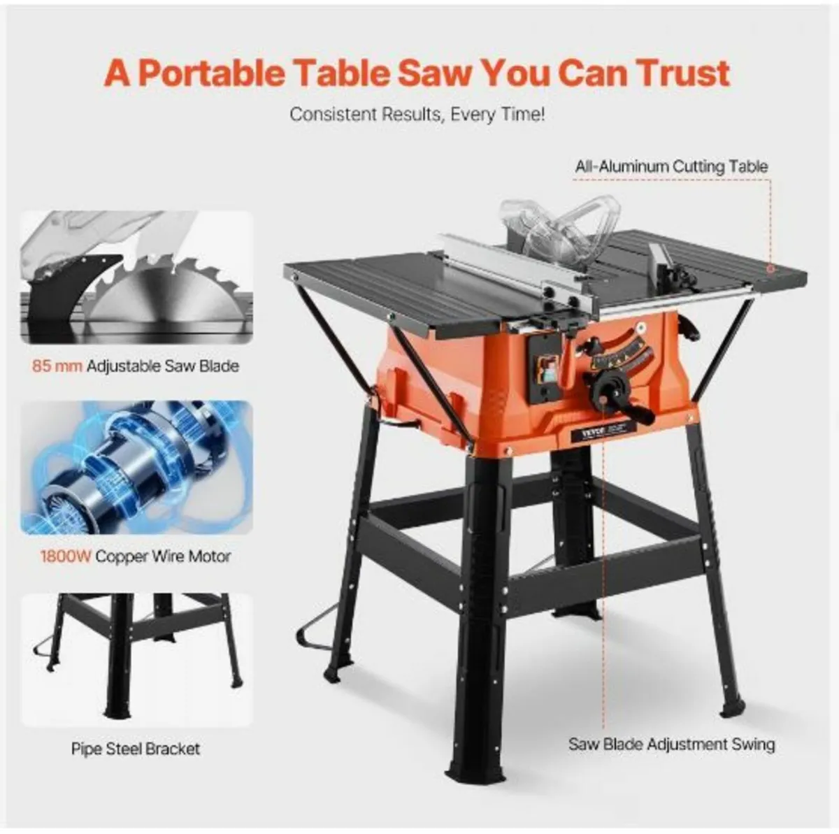 Table Saw with Stand, 1800 W Portable Compact - Image 2
