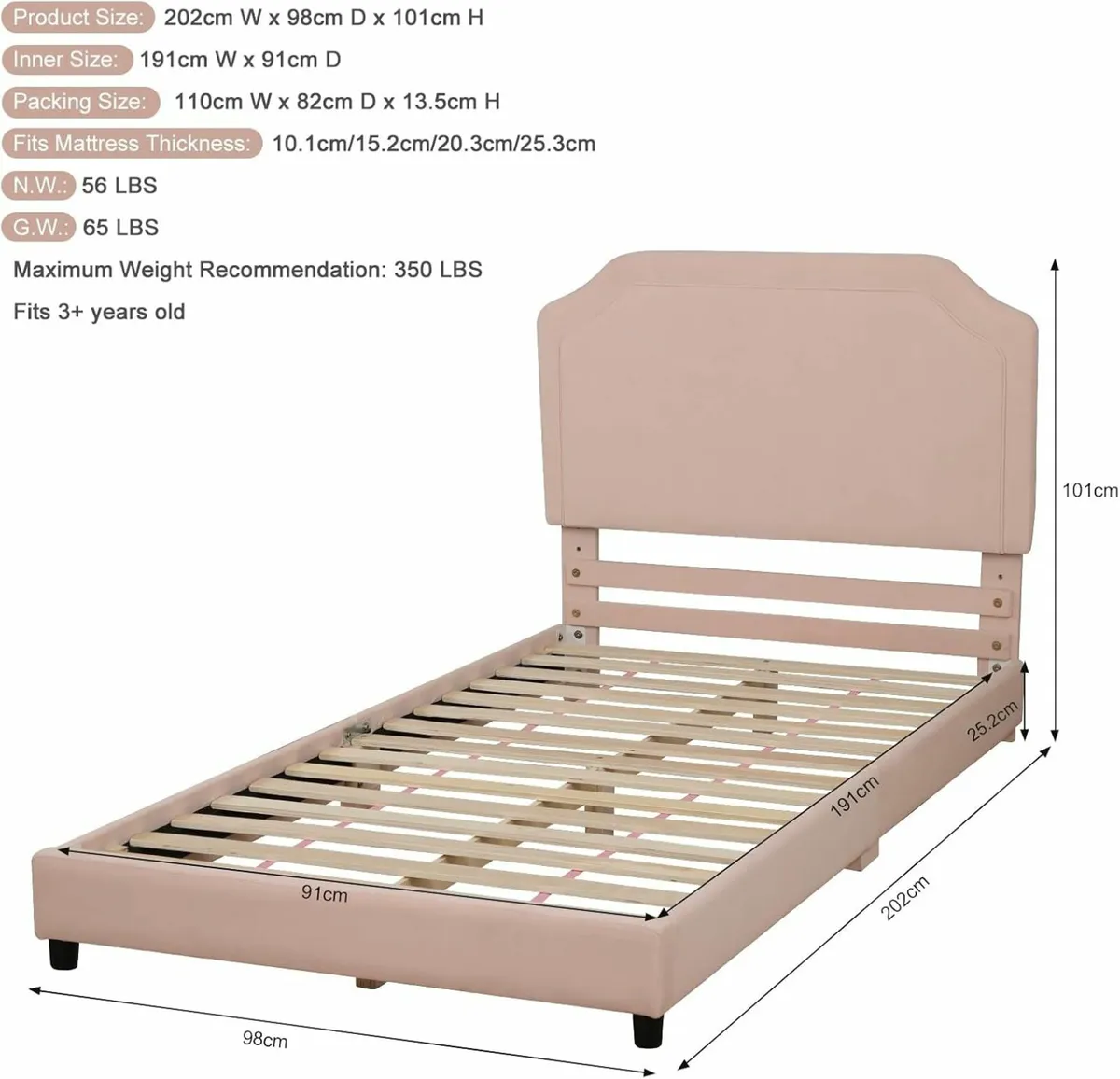 Velvet Wooden Kids Bed Single Headboard Pink98x200 - Image 2