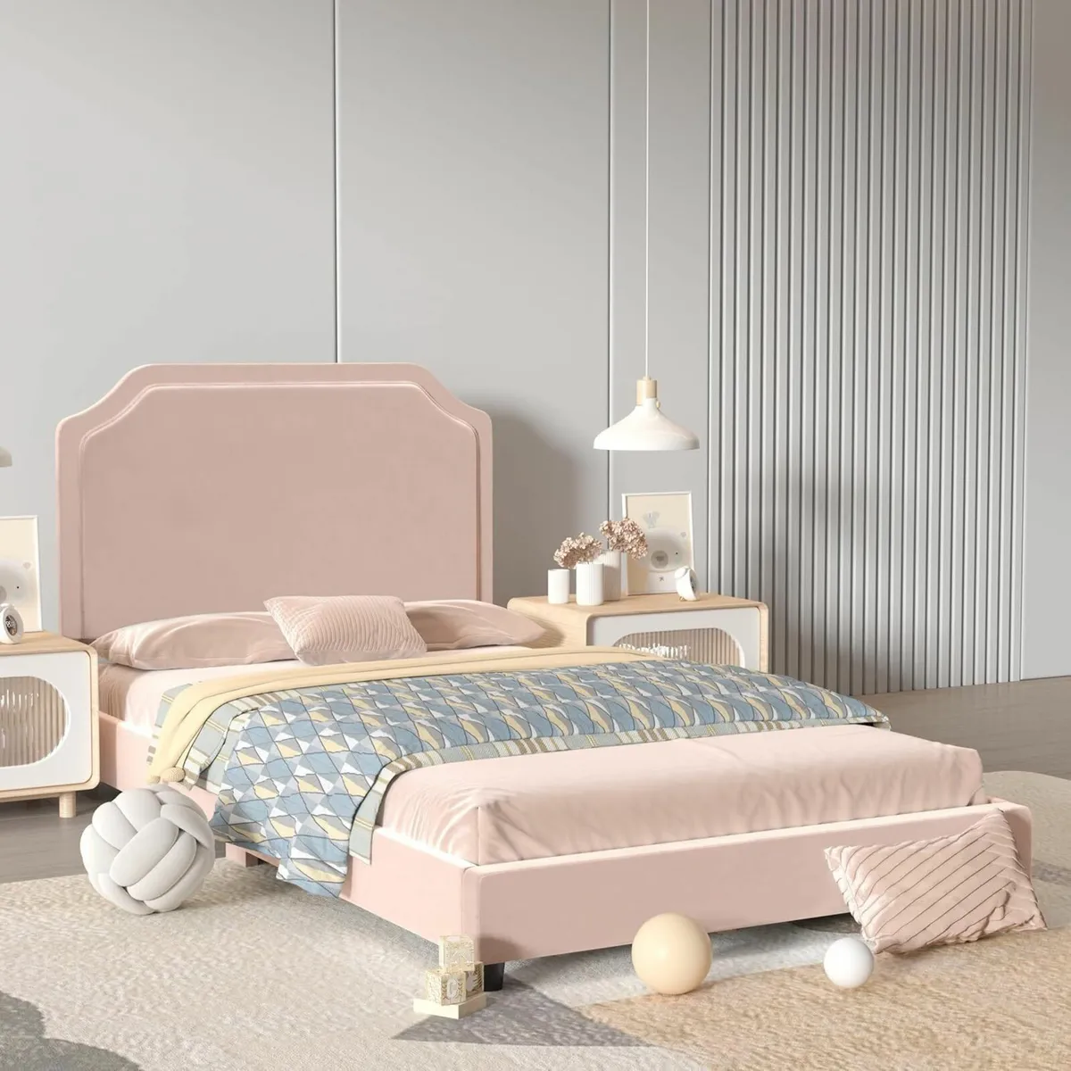 Velvet Wooden Kids Bed Single Headboard Pink98x200 - Image 1