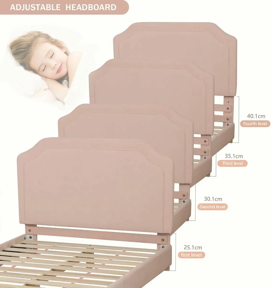 Velvet Wooden Kids Bed Single Headboard Pink98x200 - Image 4