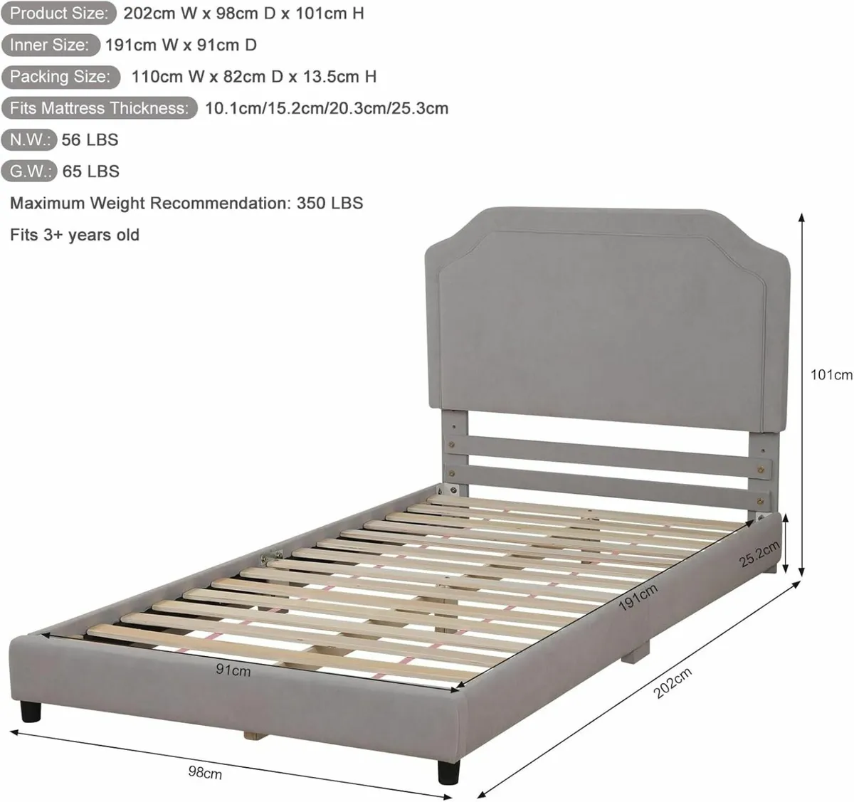 Velvet Wooden Single Bed Frame Headboard 98x202cm - Image 2