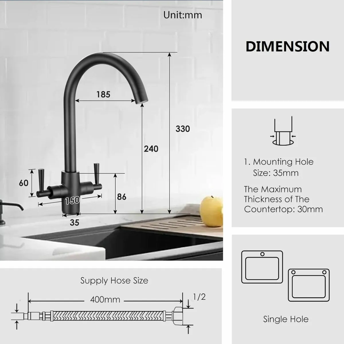 Kitchen Sink Mixer Taps Dual Lever Brass Swivel - Image 3