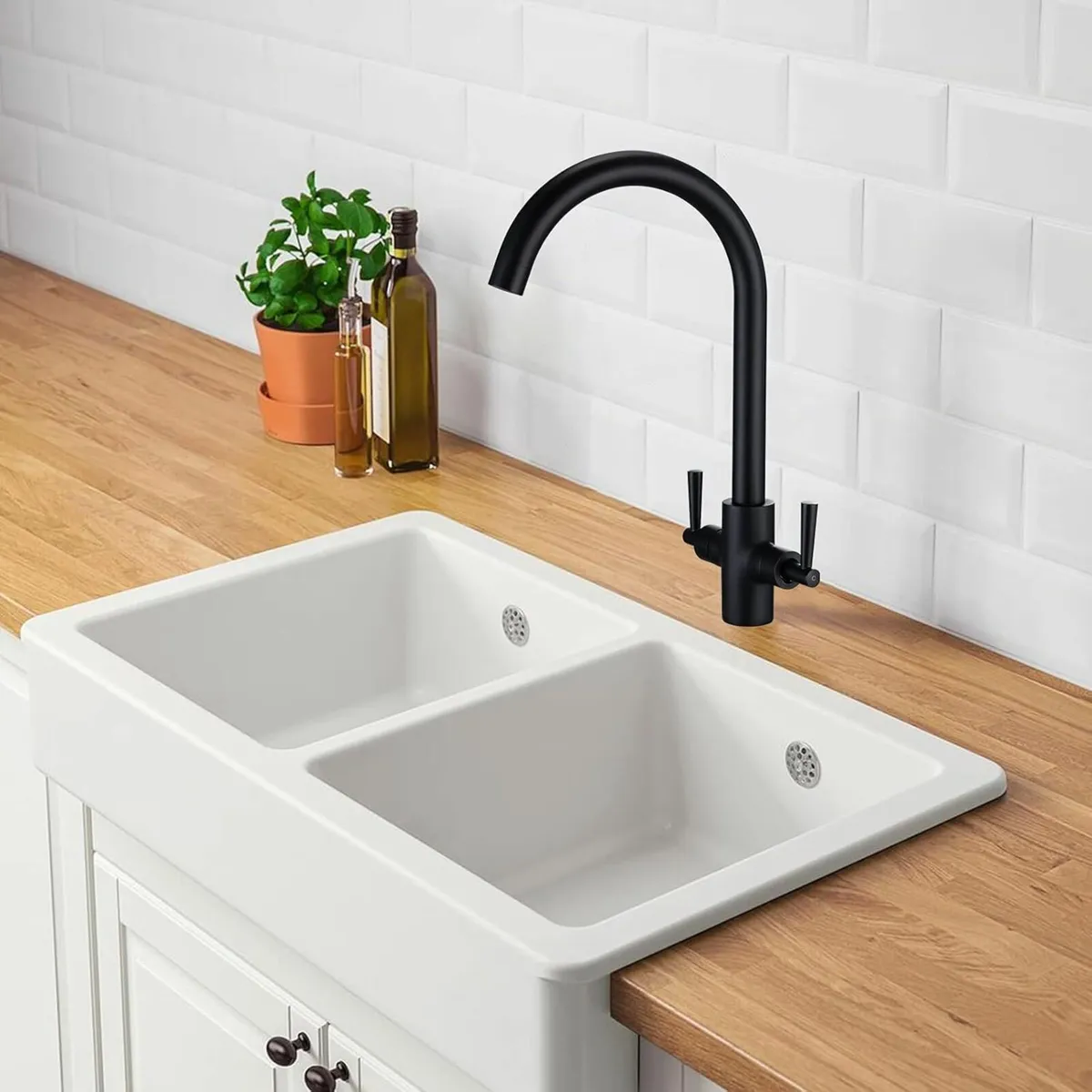 Kitchen Sink Mixer Taps Dual Lever Brass Swivel - Image 1