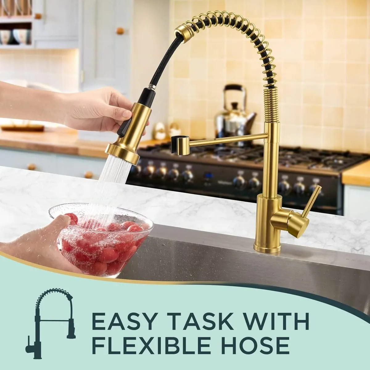 Kitchen Tap, Spring Kitchen Sink Mixer Taps Gold - Image 1