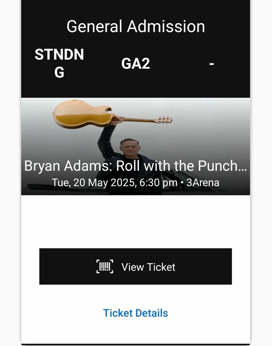 2 tickets for bryan adams Tuesday night - Image 1