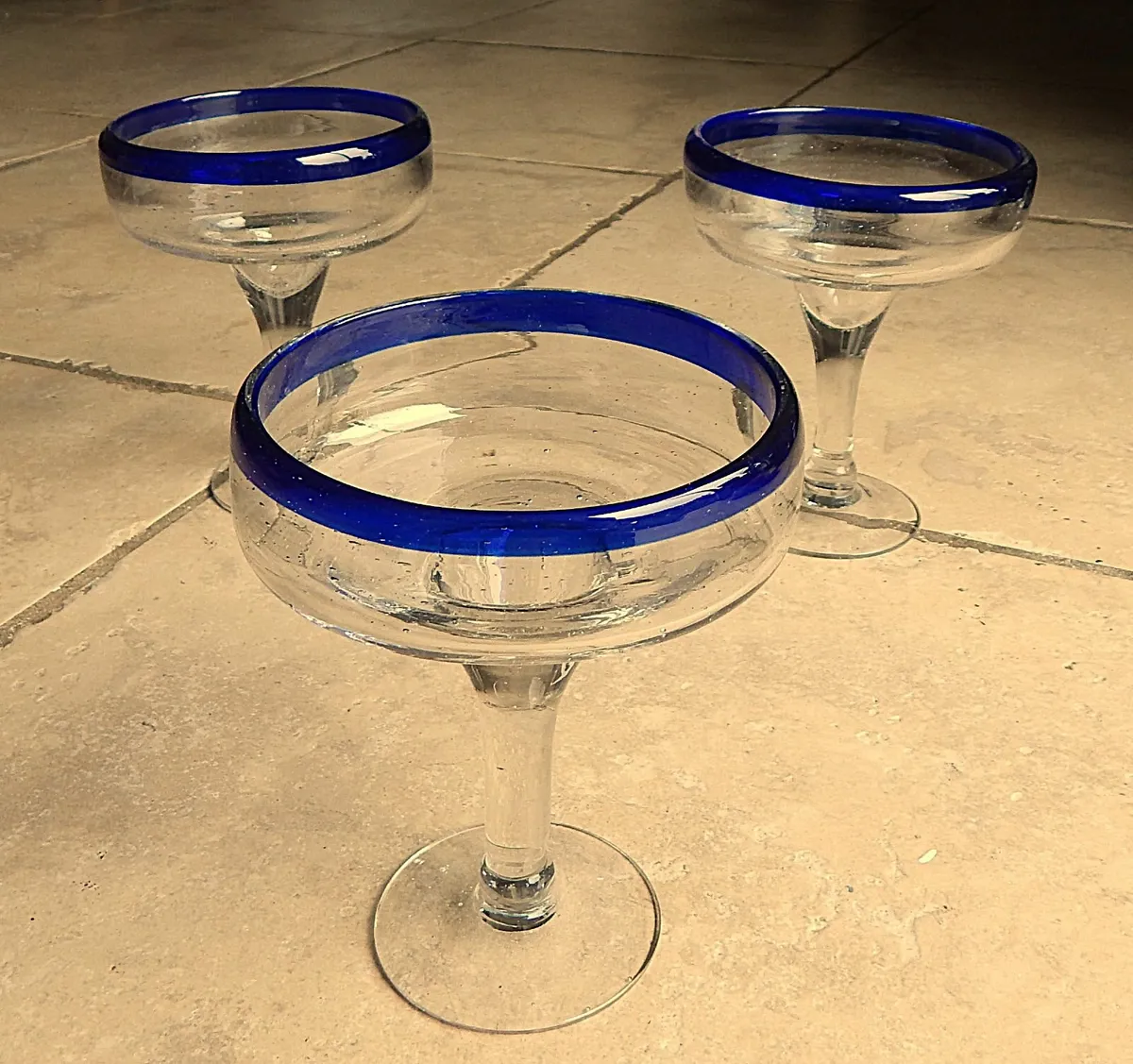 3 Hand Blown Blue Rim Margarita Glasses - Image 1