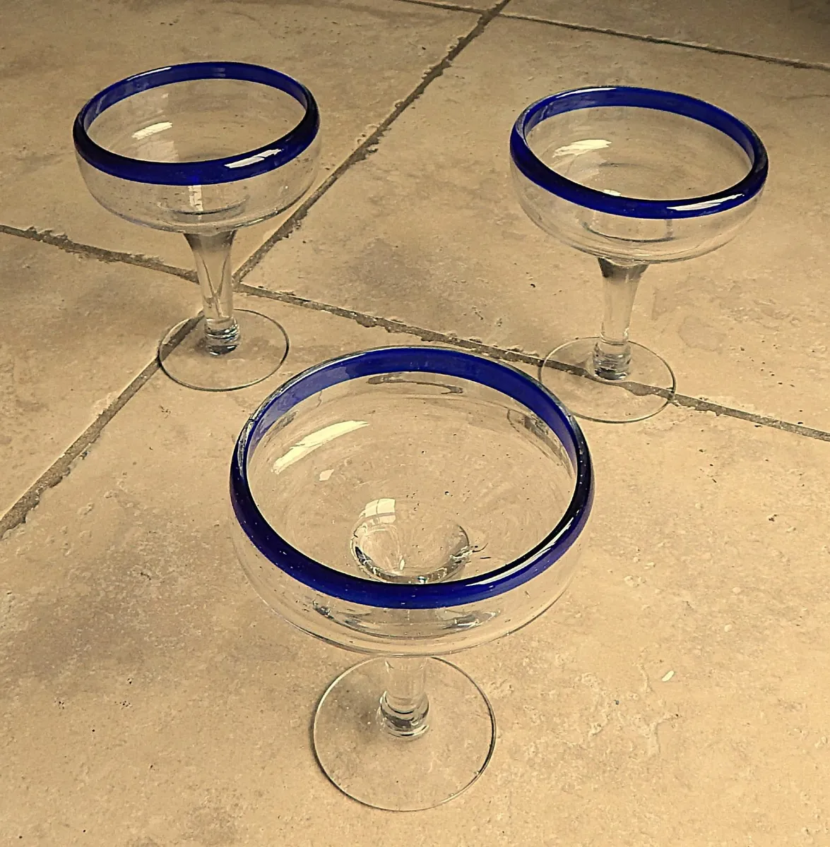 3 Hand Blown Blue Rim Margarita Glasses - Image 2