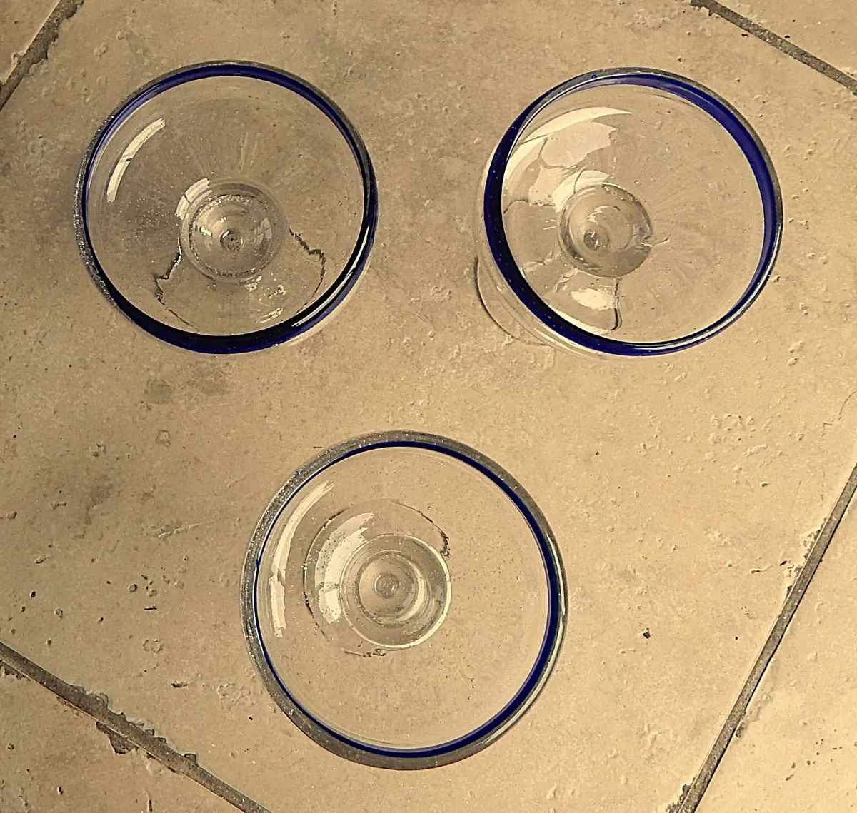 3 Hand Blown Blue Rim Margarita Glasses - Image 3