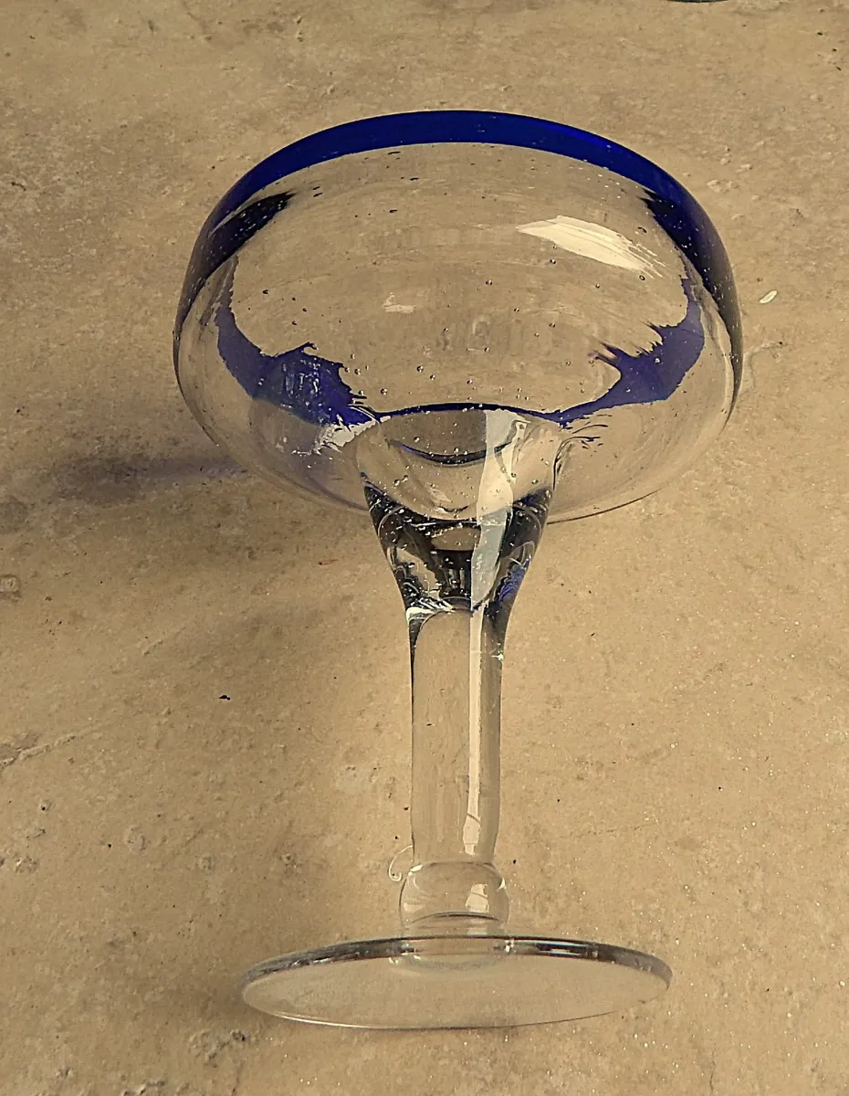 3 Hand Blown Blue Rim Margarita Glasses - Image 4