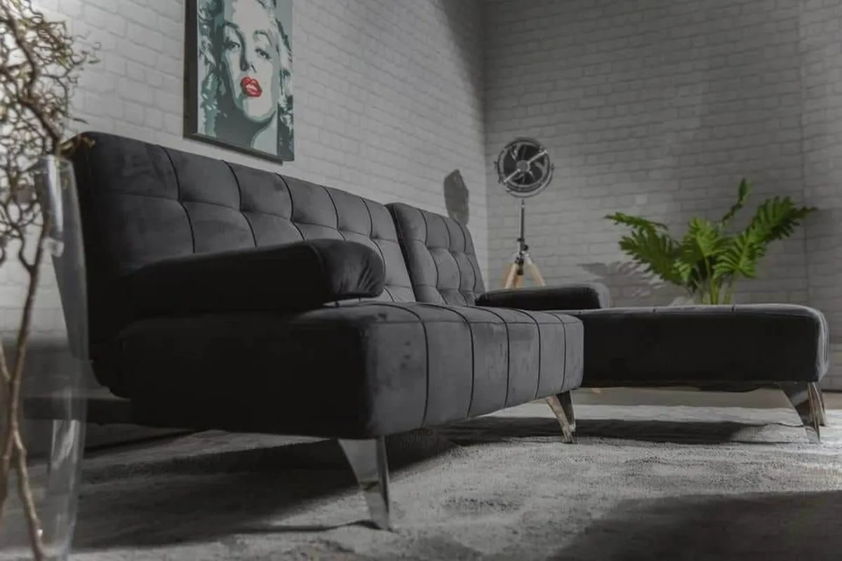 Black velvet corner Sofa Bed 198cm - Image 4