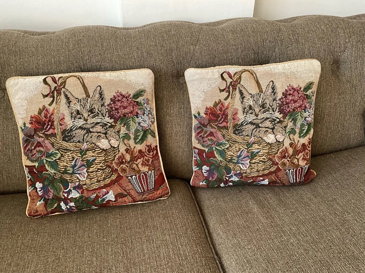 Pair of Needlepoint Tapestry Cat Basket Cushions - Image 1