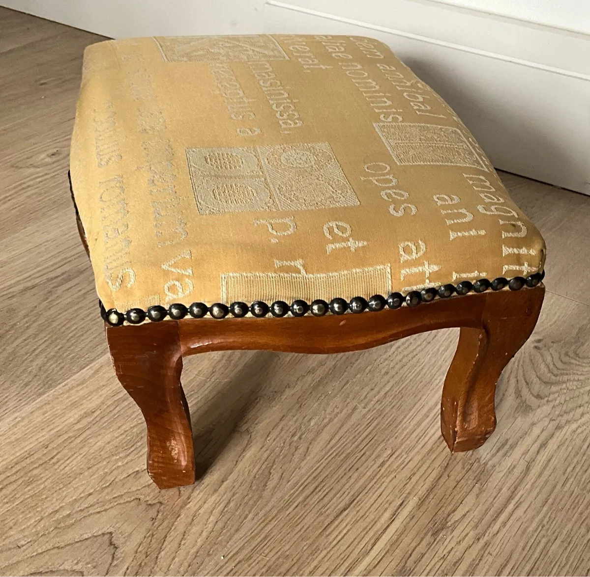 Vintage Upholstered Footstool with Brass Tooling - Image 2
